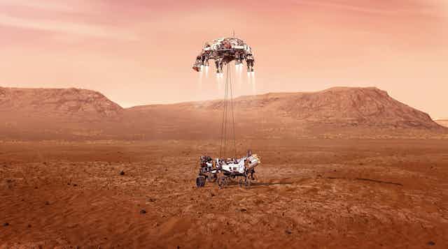Artist impression of a the Perseverance rover landing on Mars