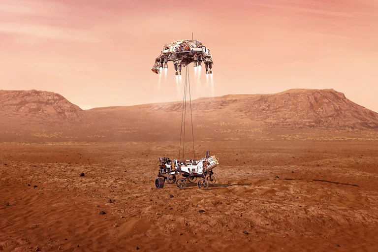 Artist impression of a the Perseverance rover landing on Mars