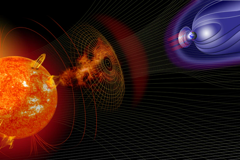 Artist's depiction of an active sun that has released a coronal mass ejection, a magnetically generated solar phenomenon that can send billions of tons of solar particles towards Earth (to reach one to three days later) and affect electronic systems in satellites and on the ground.