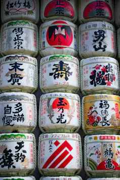 Colorful wine barrels stacked in Tokyo.