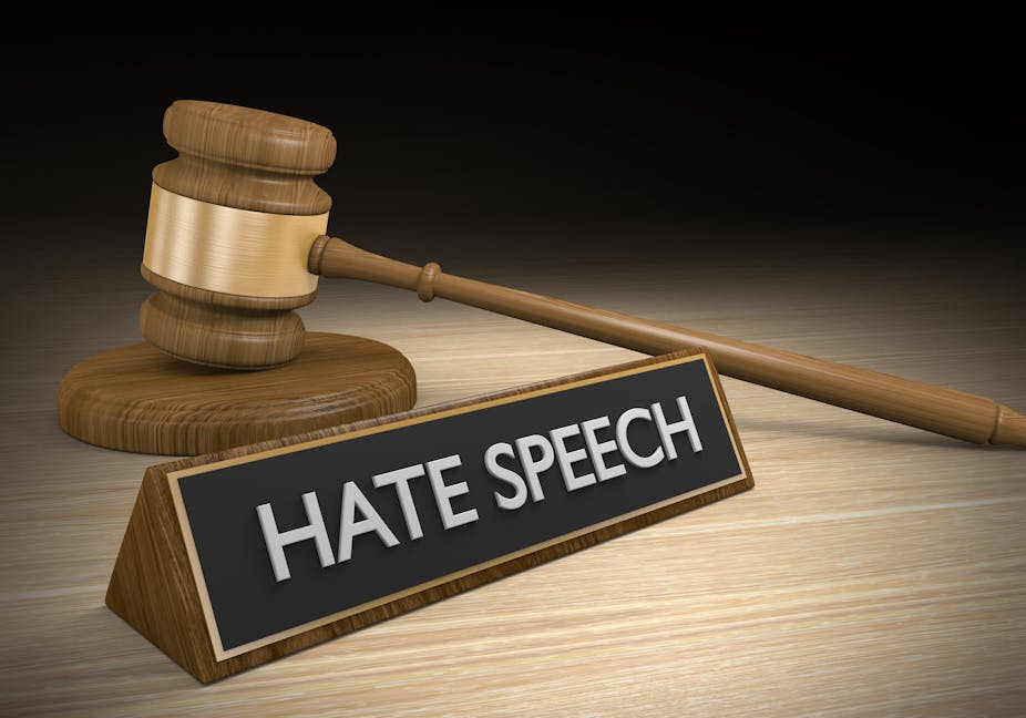 Graphic of gavel and sign saying "hate speech"