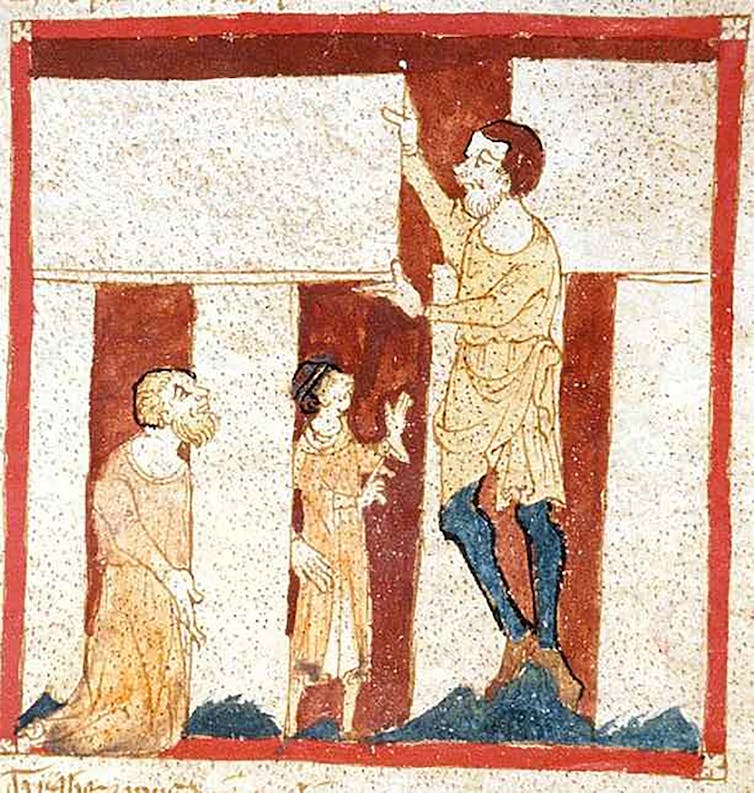 A medieval painting showing three figures