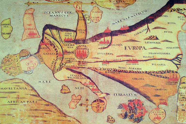 A 16th-century map of the world depicting the European continent in the shape of a queen.