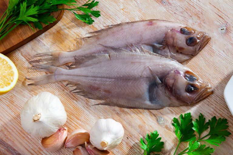 Two flatfish on a chopping board