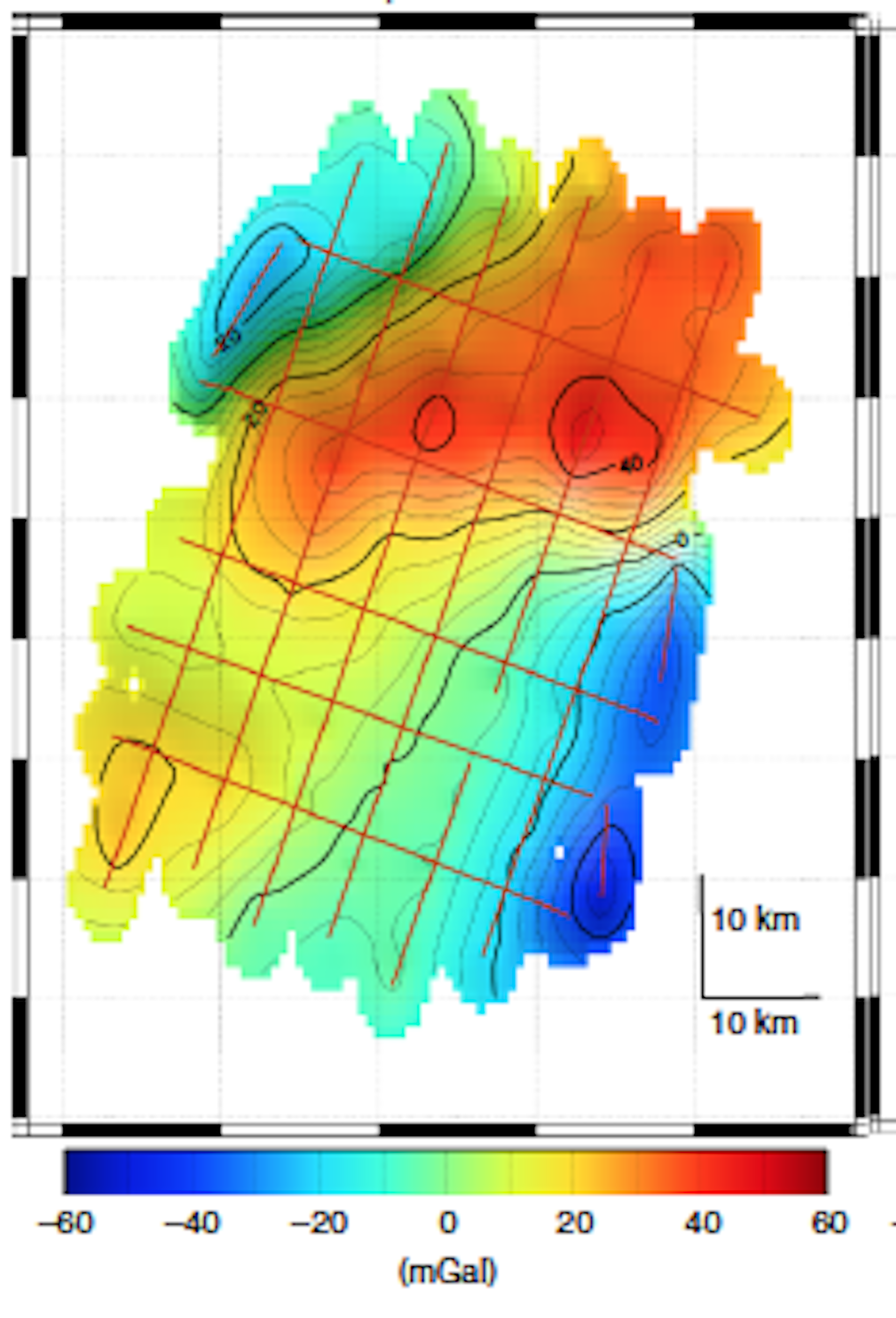 Carte de pesanteur dans la zone de Meriadzec (Atlantique Nord). Les lignes rouges correspondent à la trajectoire du BHO. 1mGal=0,000 001 g. Malo Cadoret, Author provided