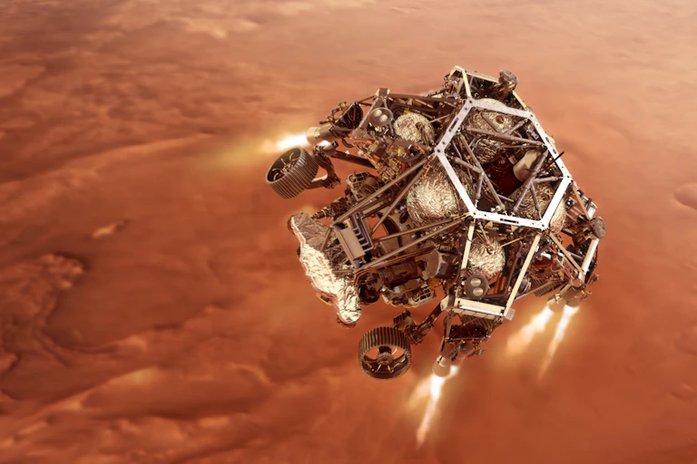 An artist's impression of NASA’s Perseverance rover firing up its descent stage engines as it nears Mars's surface.