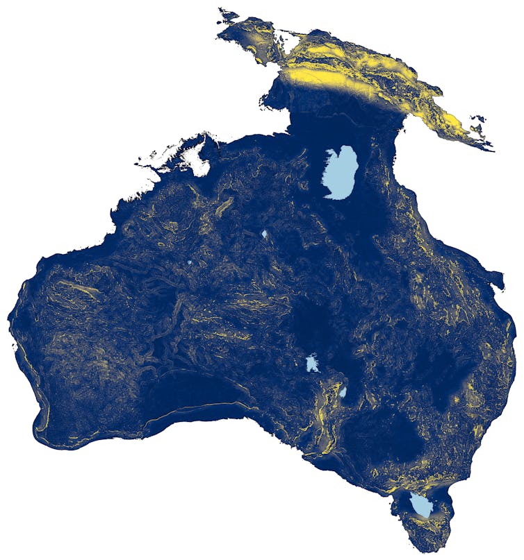 A map showing the landmass of Australia connected to New Guinea and Tasmania