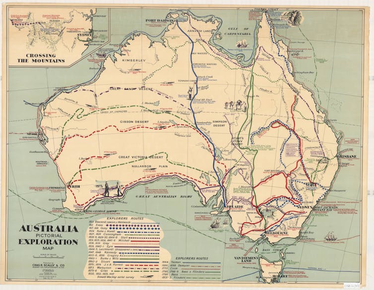 An old map showing routes across Australia.