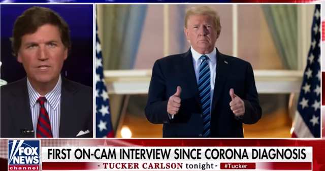 Donald Trump appearing on Fox News host Tucker Carlson's show after contracting COVID-19, just under a month before the US election.