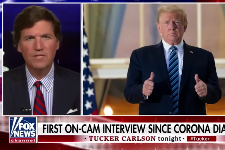 Donald Trump appearing on Fox News host Tucker Carlson's show after contracting COVID-19, just under a month before the US election.