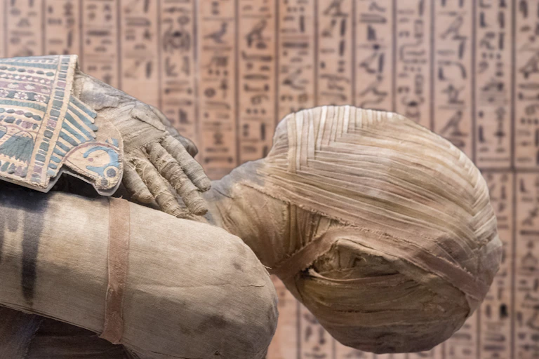 Close up of an Egyptian mummy with hieroglyphics in the background.