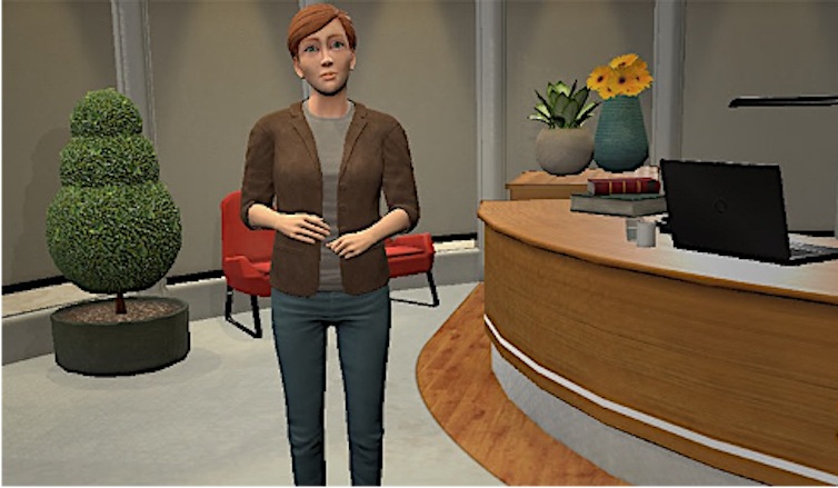 A 3D image of virtual coach, Nic, used for VR mental health therapy.