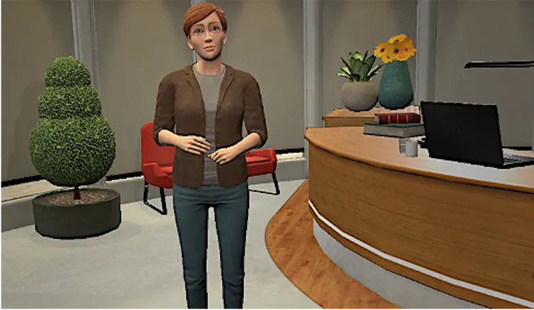 A 3D image of virtual coach, Nic, used for VR mental health therapy.