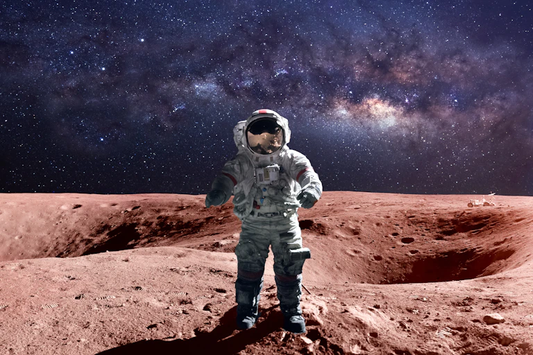An astronaut in a space suit standing on Mars, with the Milky Way in the background.