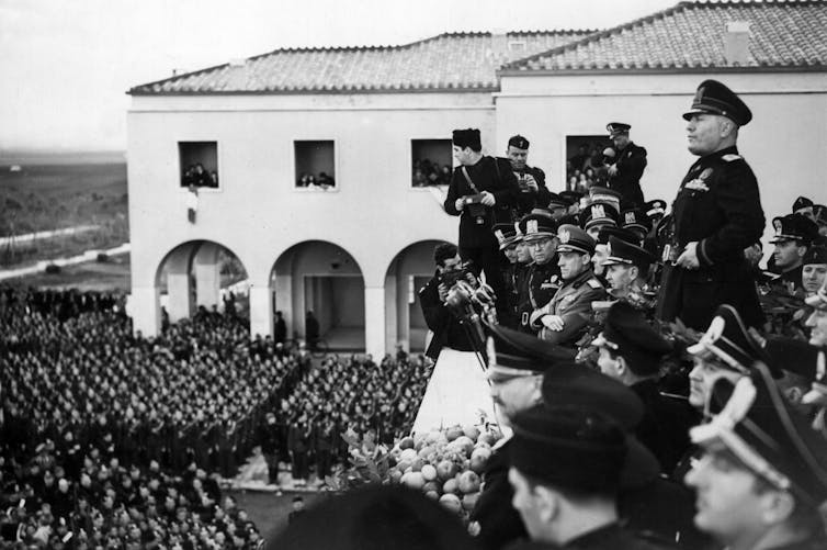 Benito Mussolini in Agro Pontino, Italy.