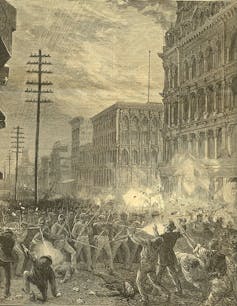 Black and white illustration of militia in city streets