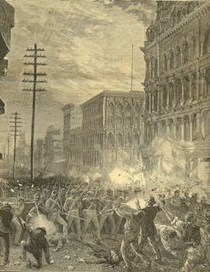 Black and white illustration of militia in city streets