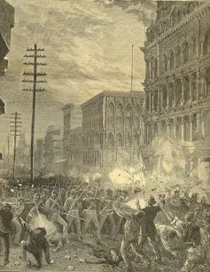Black and white illustration of militia in city streets