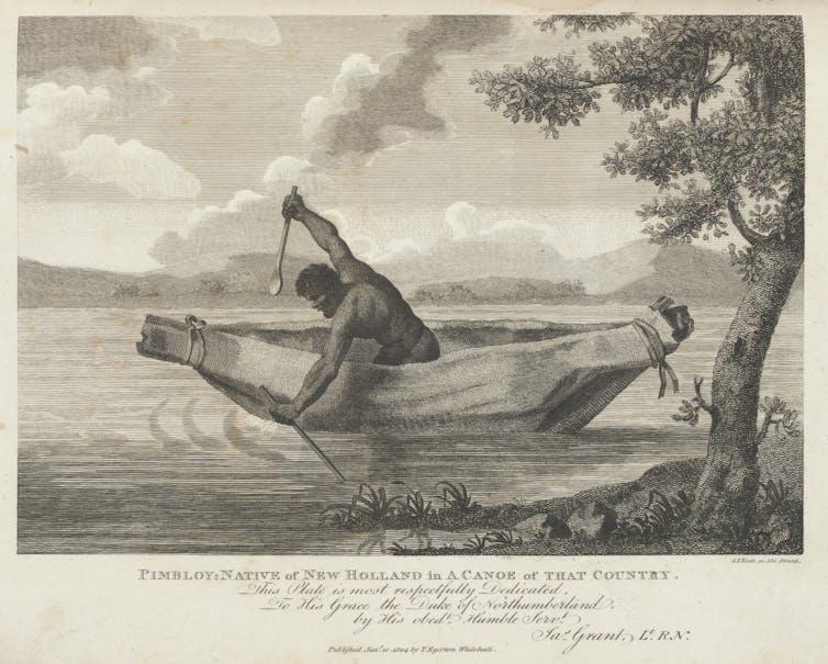 Etching of a muscular man in a boat.