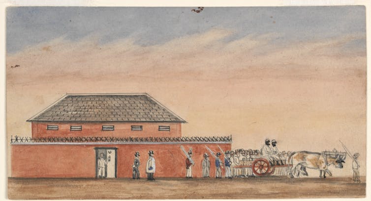 Bullock team and cart with two prisoners, prison guards and a crowd outside the gaol