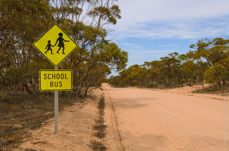 A school bus sign on a rural road.