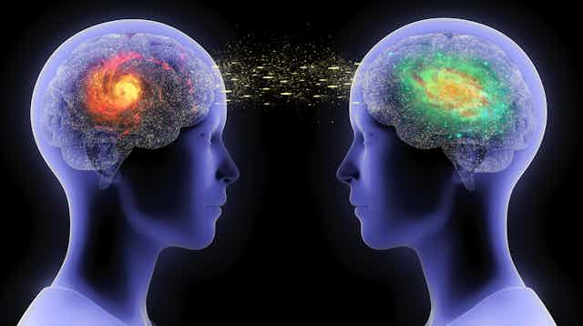 Illustration of the communication between two humans / two brains in form of telepathy, speech, conflict or understanding