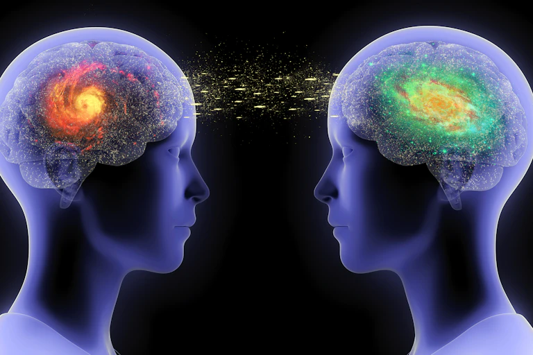 Illustration of the communication between two humans / two brains in form of telepathy, speech, conflict or understanding