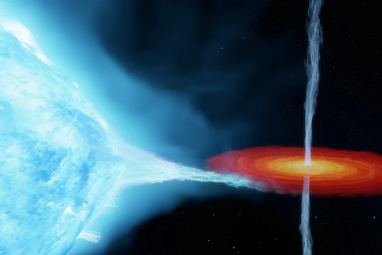 An artist’s impression of the Cygnus X-1 system. A stellar-mass black hole orbits with a companion star, 7,200 light years from Earth.