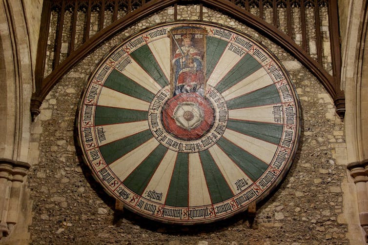 The Winchester Round Table, showing Henry VII sitting in Arthur's seat and with a Tudor Rose at its centre.