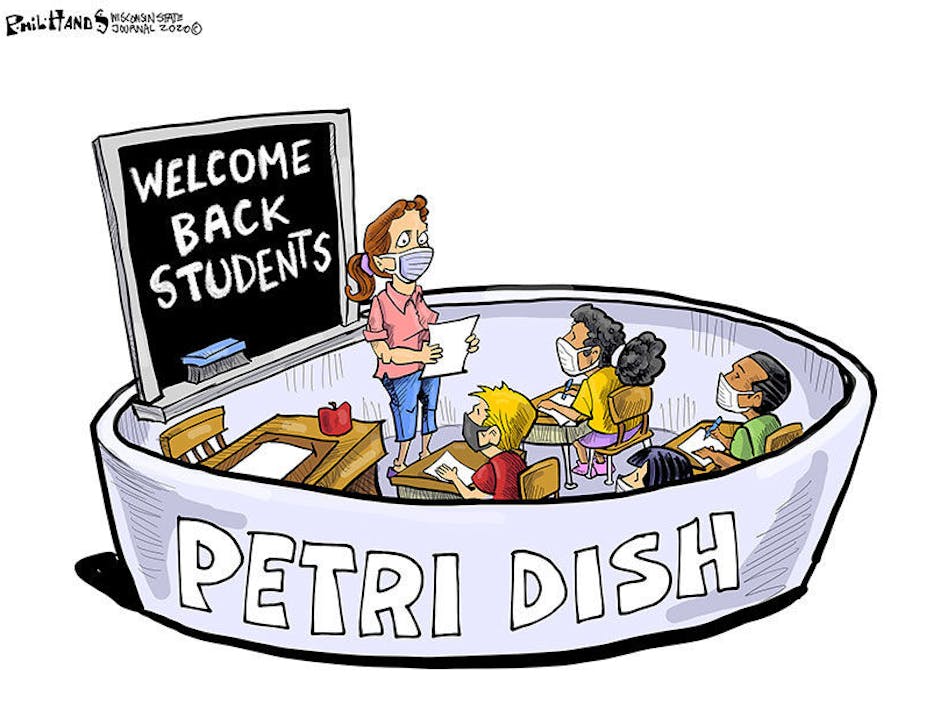 Cartoon of a classroom as a petri dish