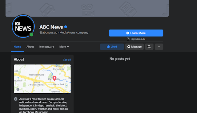 Screenshot of ABC News Facebook page with no posts amid the platform's ban on Australian news links