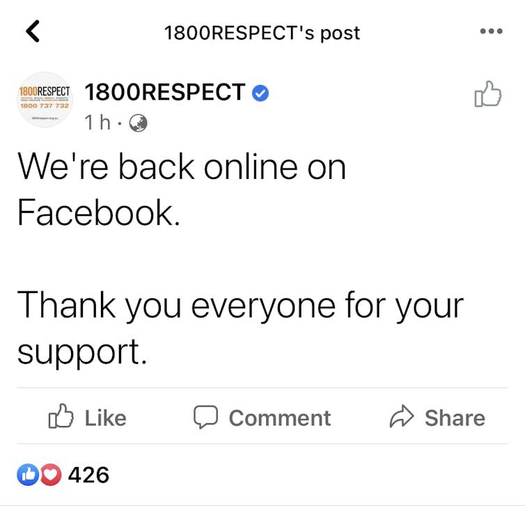 Screenshot of 1800Respect Facebook post