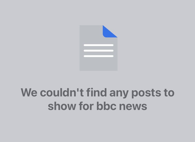 Screengrab of blocked BBC Facebook search results