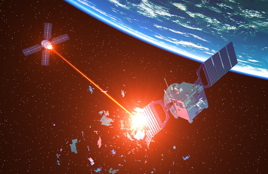 Destruction d'un satellite par un vaisseau spatial militaire, 3D.