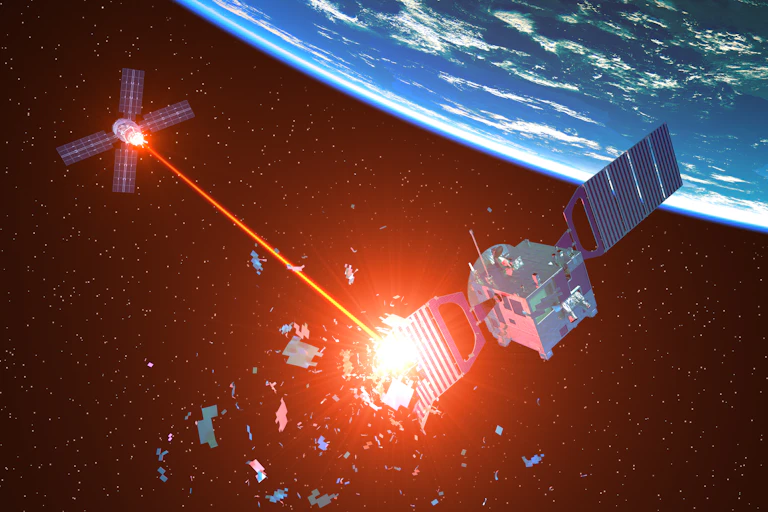 Destruction d'un satellite par un vaisseau spatial militaire, 3D.