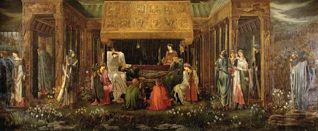 A painting of King Arthur dying, he is depicted lying on a bed surrounded by people