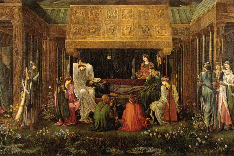 A painting of King Arthur dying, he is depicted lying on a bed surrounded by people