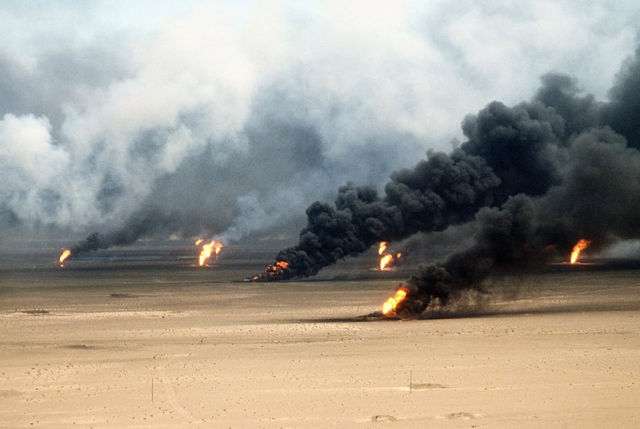 Oil well fires burning outside of Kuwait during the Gulf War.