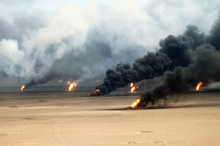 Oil well fires burning outside of Kuwait during the Gulf War.