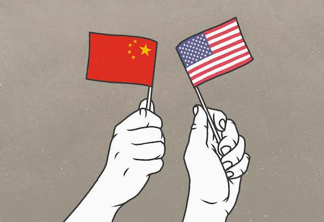 Drawing of two hands, one waving a tiny Chinese flag and the other waving a tiny American flag