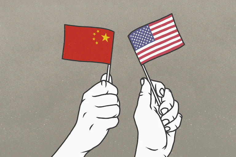 Drawing of two hands, one waving a tiny Chinese flag and the other waving a tiny American flag