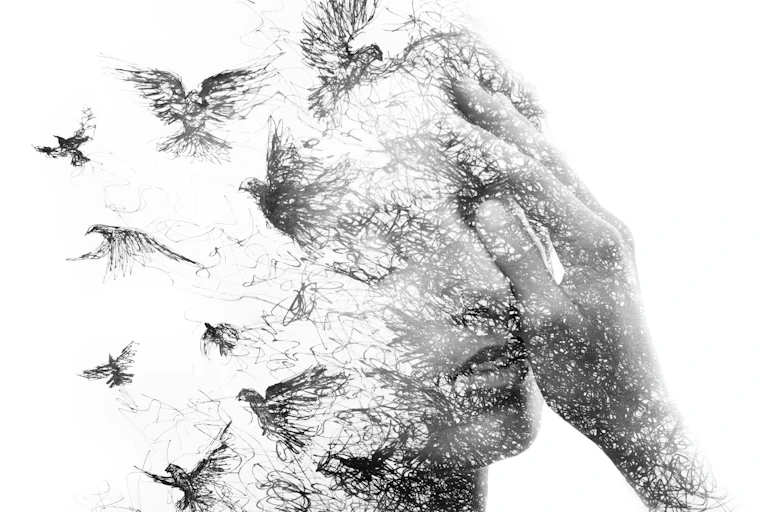 A face dissolves into birds.