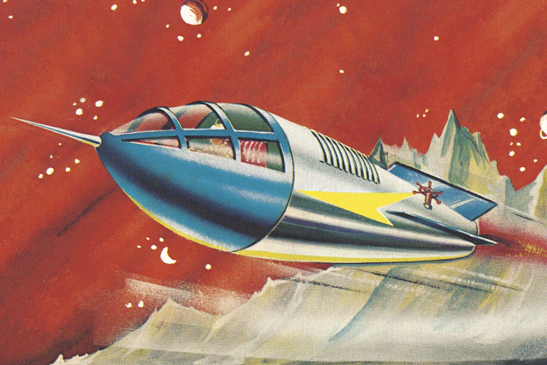 A cartoonish depiction of a rocket flying.