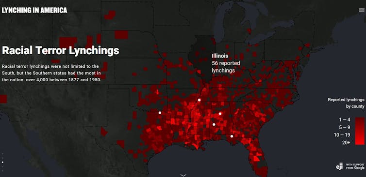 Red-tinged map of the US with a plot point in Illionois highlighted to show that there were 56 murders there between 1877 and 1950