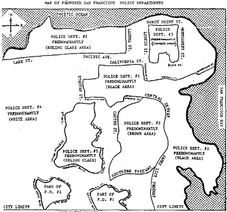 The Black Panthers’ proposed police districts for the city of San Francisco, created in 1966 or 1967. Ccarolson/FoundSF, CC BY-SA