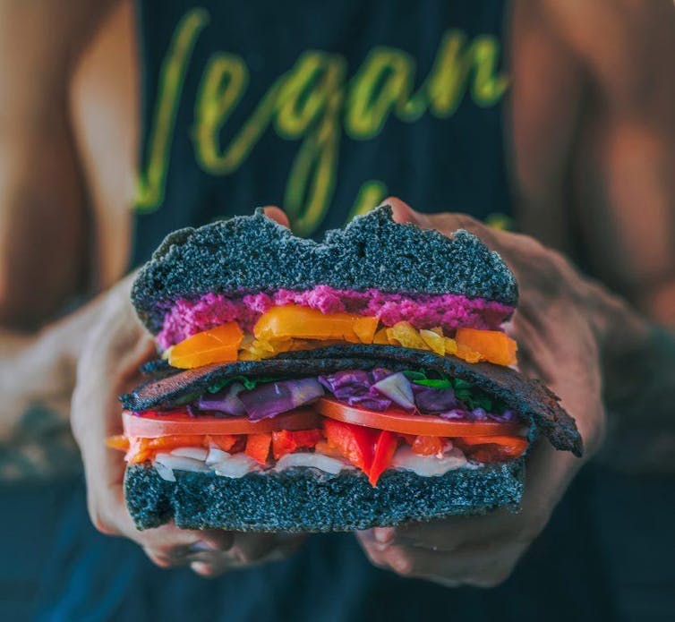 Person wearing vegan t-shirt holding out vegan sandwich
