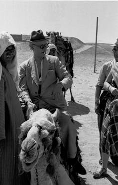 Man in sunglasses and hat sits on a camel