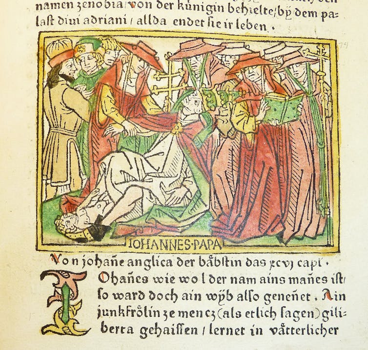 Woodcut illustration hand-colored in red, green, yellow and black