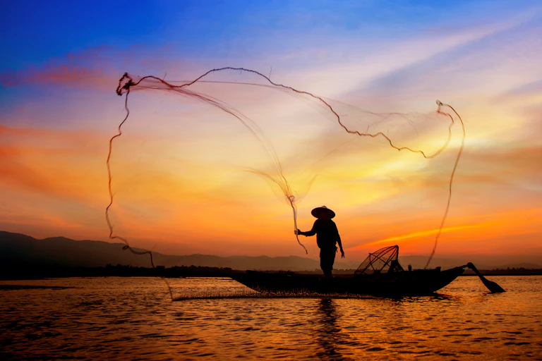 Fisherman thrown net from boat