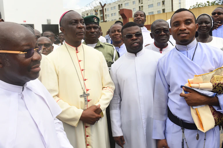 Catholic Archbishop of Lagos Alfred Adewale Martins (2nd L) and other senior members of the diocese in a procession in Lagos